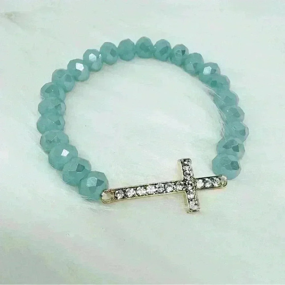Joys Happy Place Jewelry - Cyan Beaded Bracelet with Rhinestones Cross